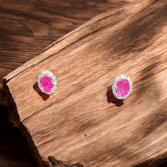 Sterling SIlver Ruby Oval Signed Set - Necklace, Earrings & Ring - Picture 5 of 12